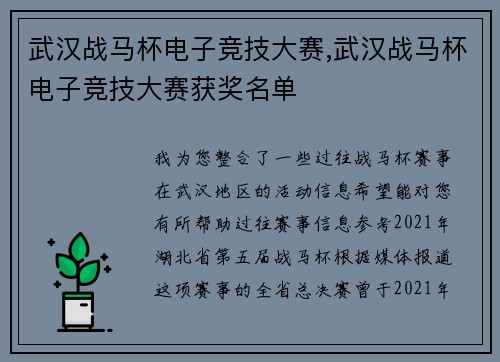 武汉战马杯电子竞技大赛,武汉战马杯电子竞技大赛获奖名单